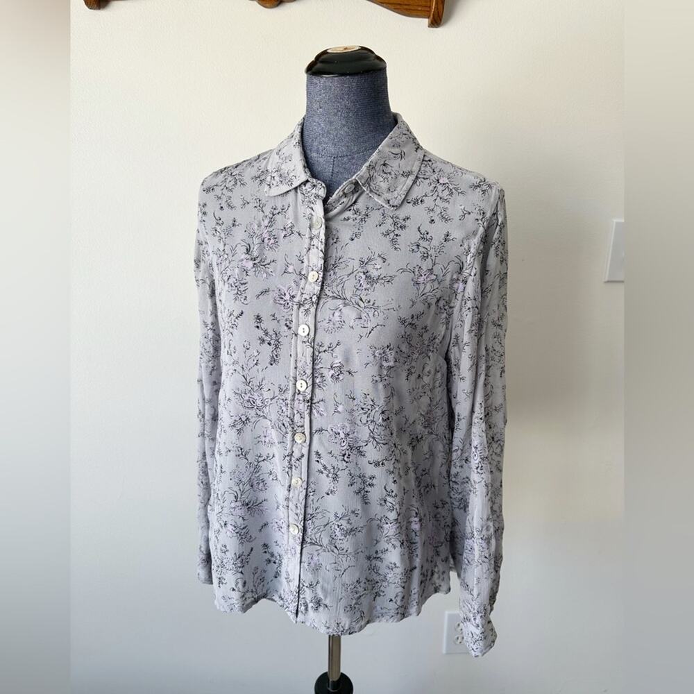 April Cornell Purple Gray Floral Button Down Shirt Size Medium